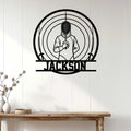 Fencing wall decor displayed on a light wood-paneled wall above a console table