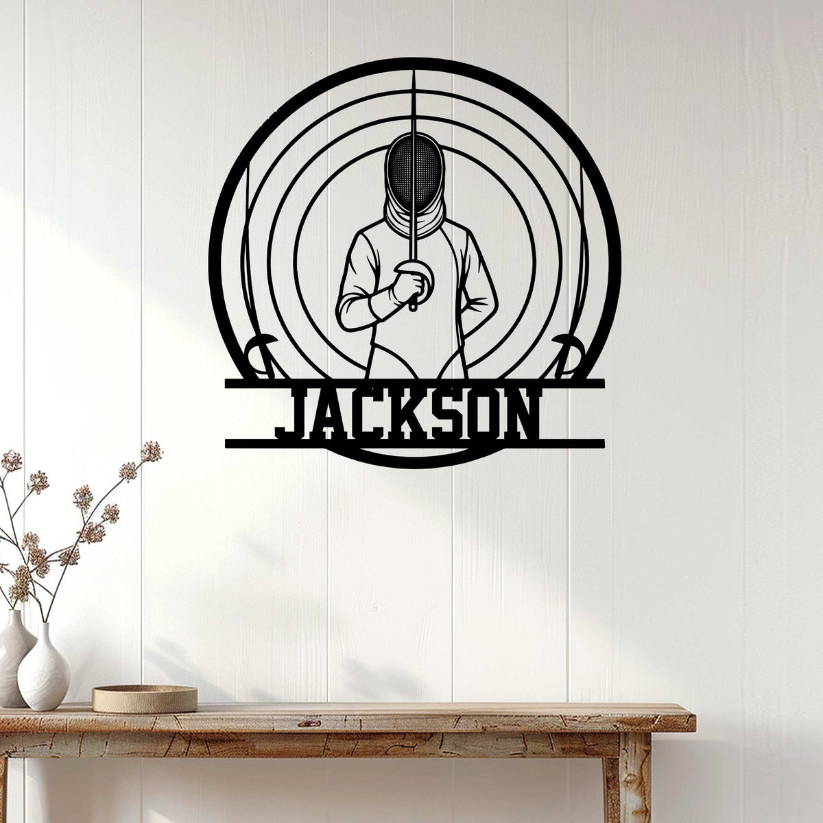 Fencing wall decor displayed on a light wood-paneled wall above a console table