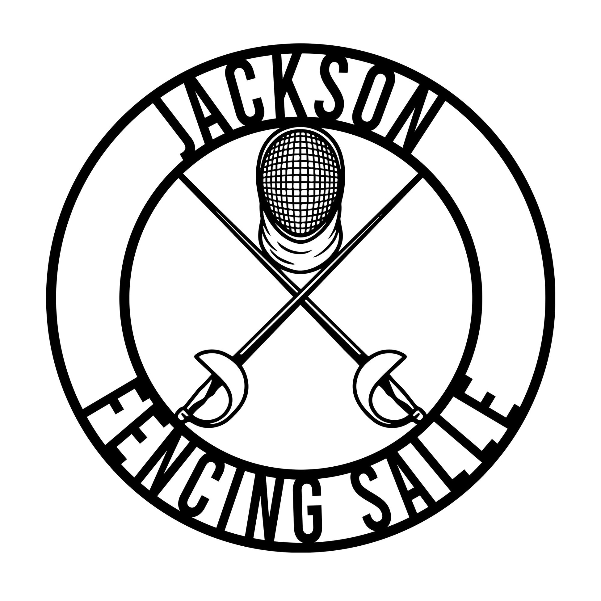 Fencing salle metal sign featuring a masked fencer and crossed swords in a bold circular design