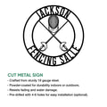 Fencing metal sign product infographic showing the circular salle design and available size options