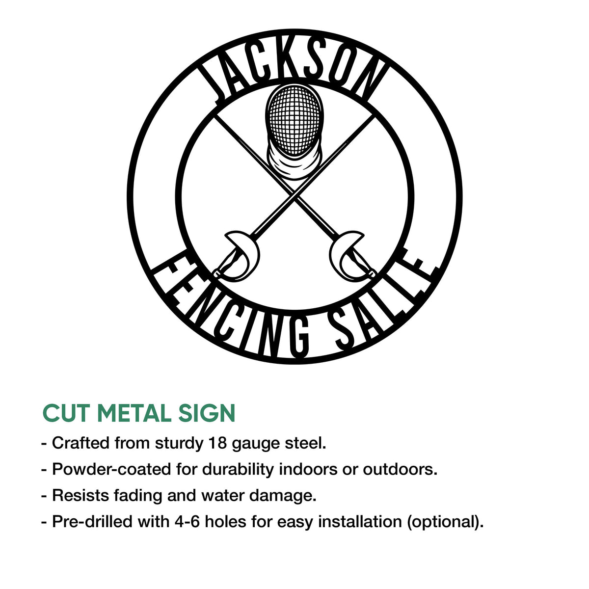 Fencing metal sign product infographic showing the circular salle design and available size options