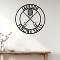 Fencing salle wall sign displayed on a light wood-paneled wall above a console table