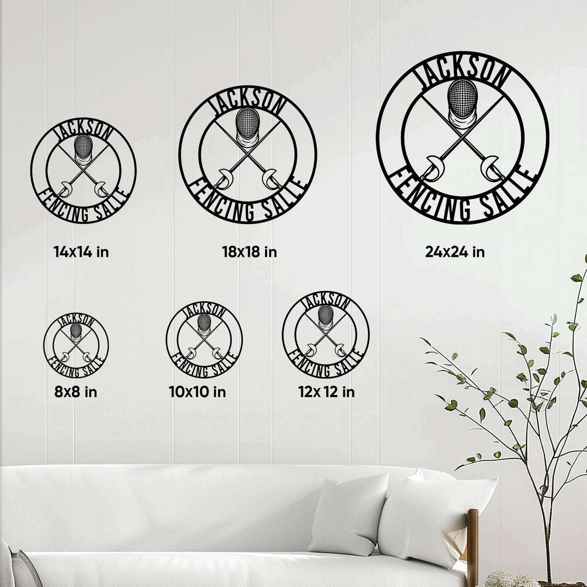 Fencing metal sign size guide showing circular options from 8 by 8 to 24 by 24 inches
