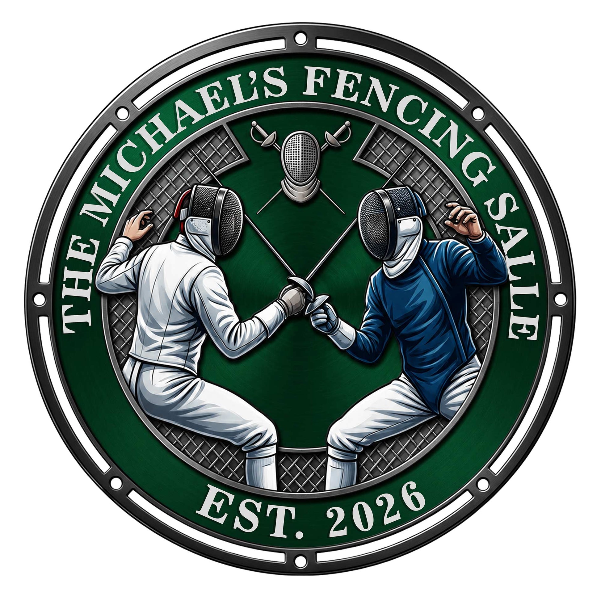 Custom fencing metal sign featuring two masked fencers crossing swords in a bold green and black circular design