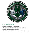 Fencing metal sign feature graphic showing the circular fencer artwork and cut-metal sign construction details