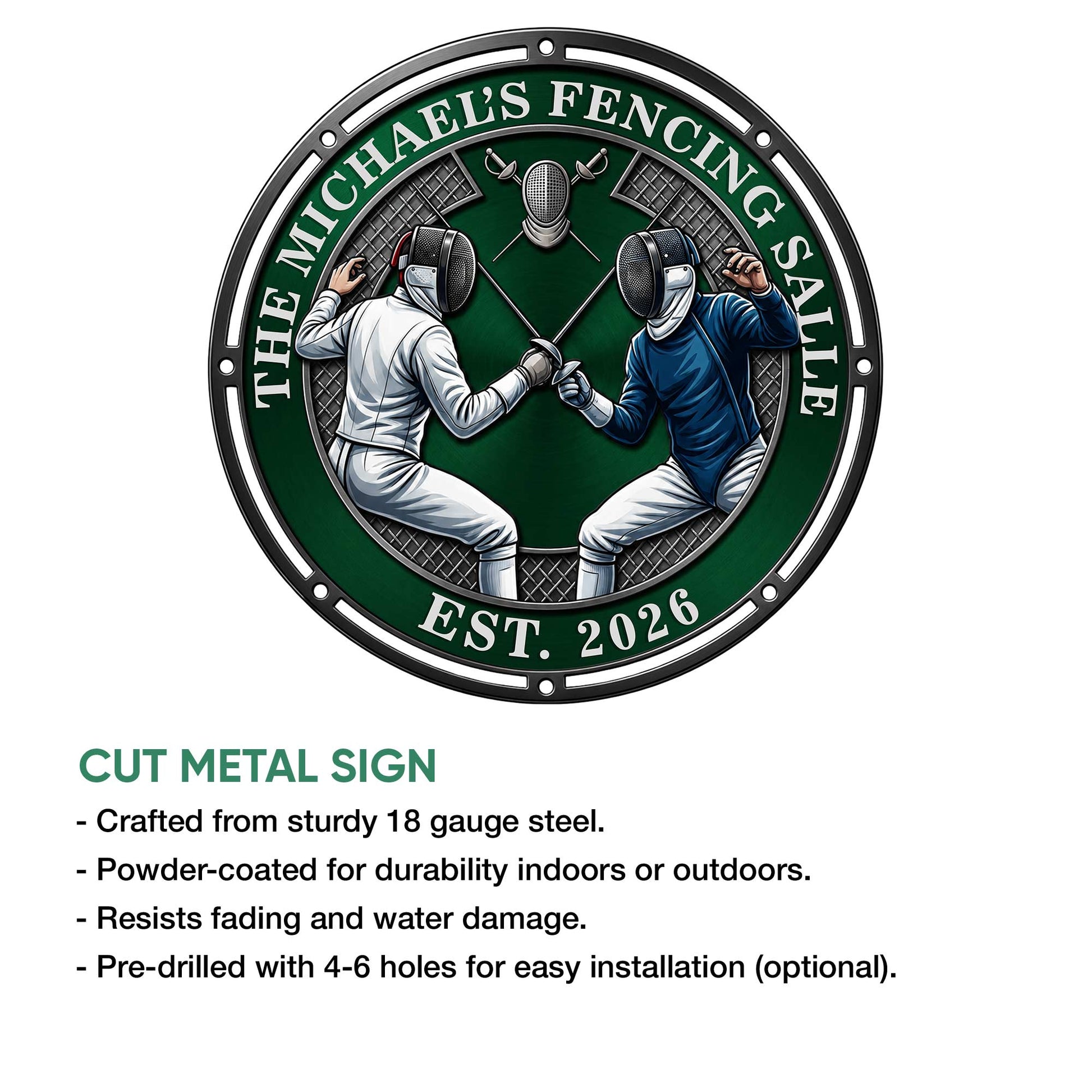 Fencing metal sign feature graphic showing the circular fencer artwork and cut-metal sign construction details