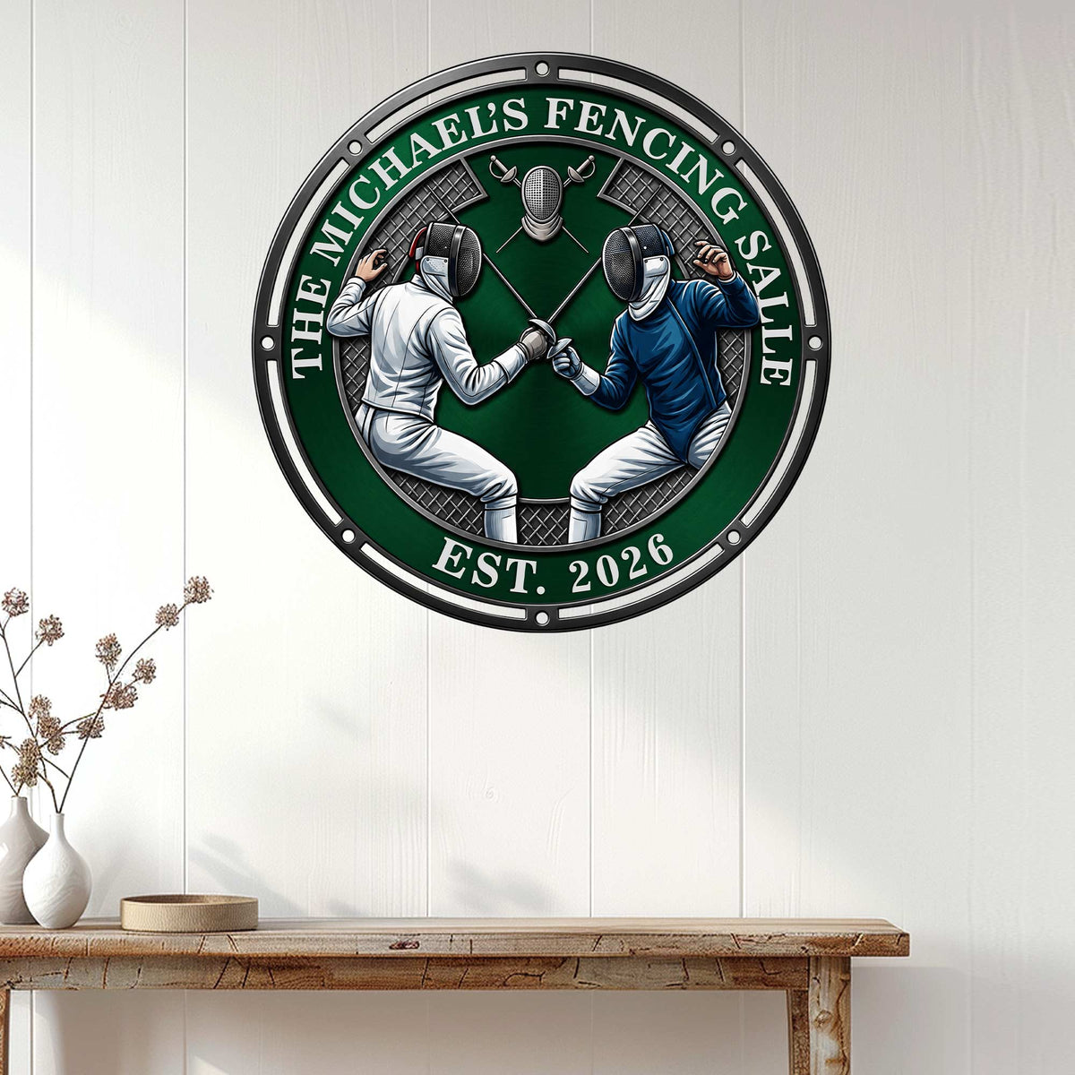 Round fencing wall sign displayed on a light wood-paneled wall above a console table