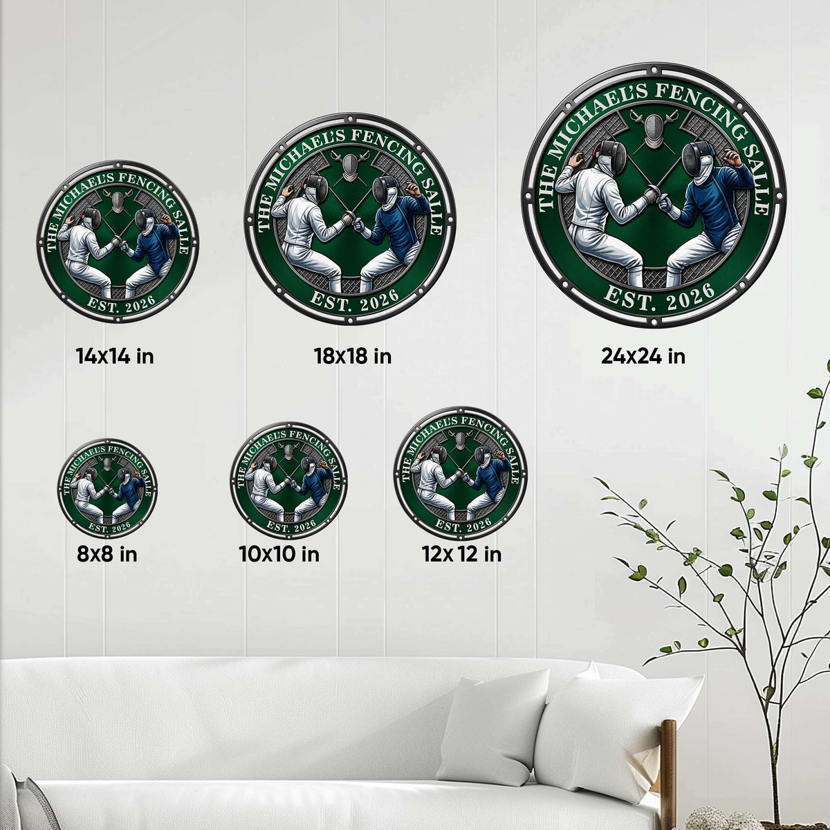 Fencing metal sign size guide showing available round sizes from 8x8 inches to 24x24 inches