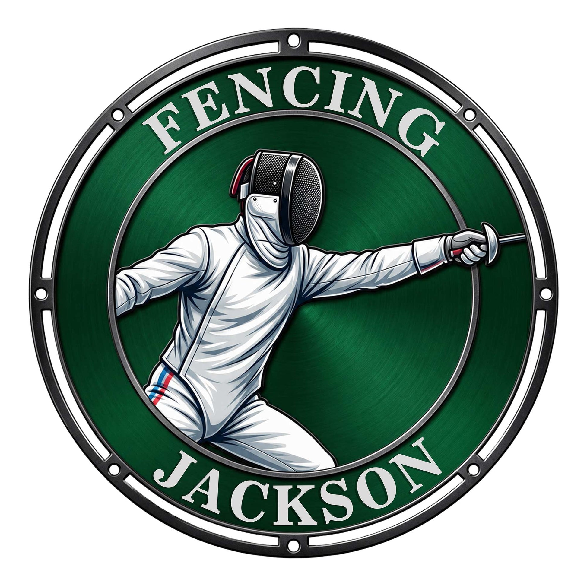 Round fencing metal sign featuring a masked fencer in action against a rich green background