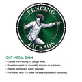 Fencing metal sign feature graphic showing a masked fencer and cut-metal design presentation