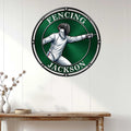 Fencer wall decor displayed on a white paneled wall in a bright home interior