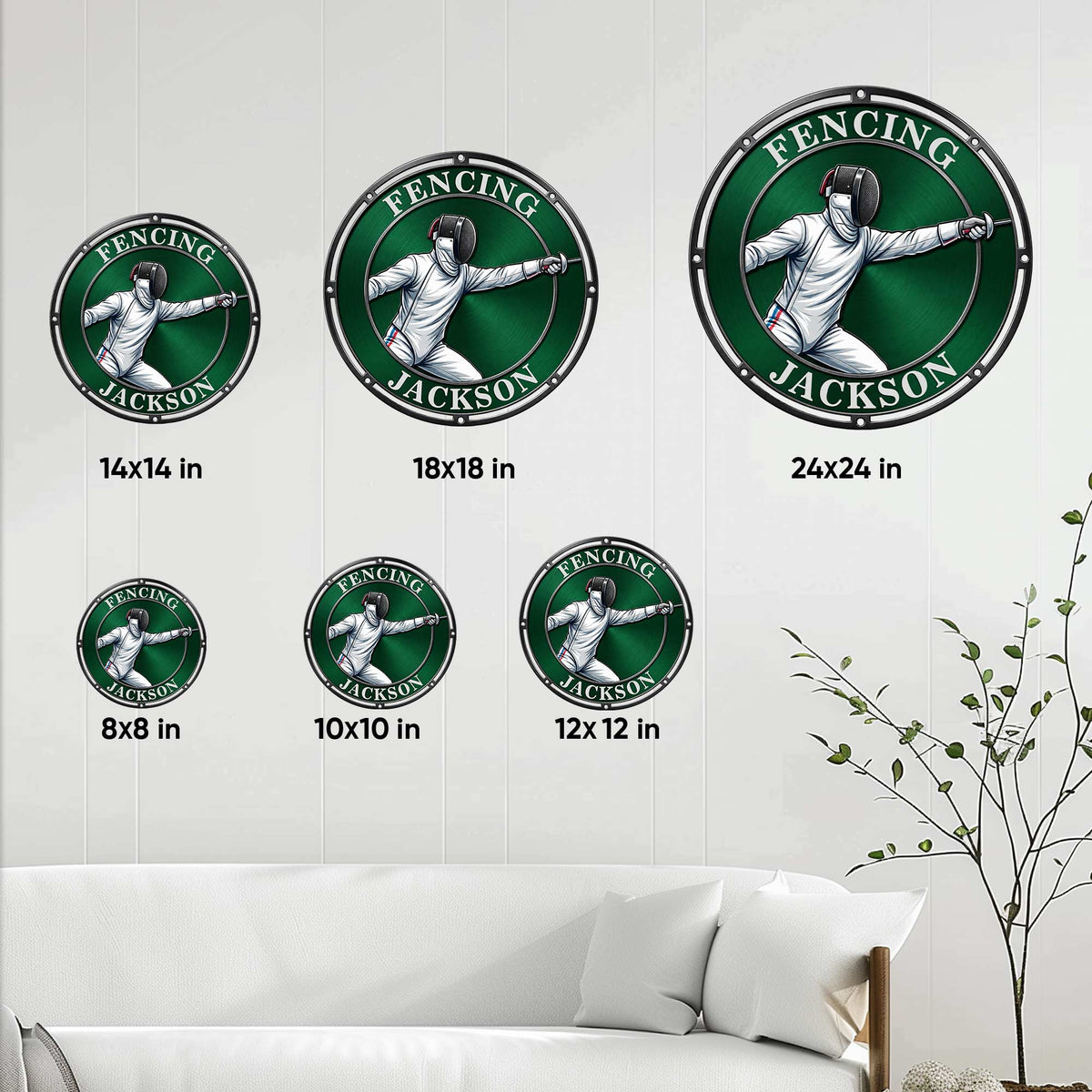 Fencing metal sign size guide showing multiple round sign sizes from 8 to 24 inches