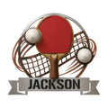 Custom table tennis metal sign featuring a red ping pong paddle, two balls, and crossed racket artwork