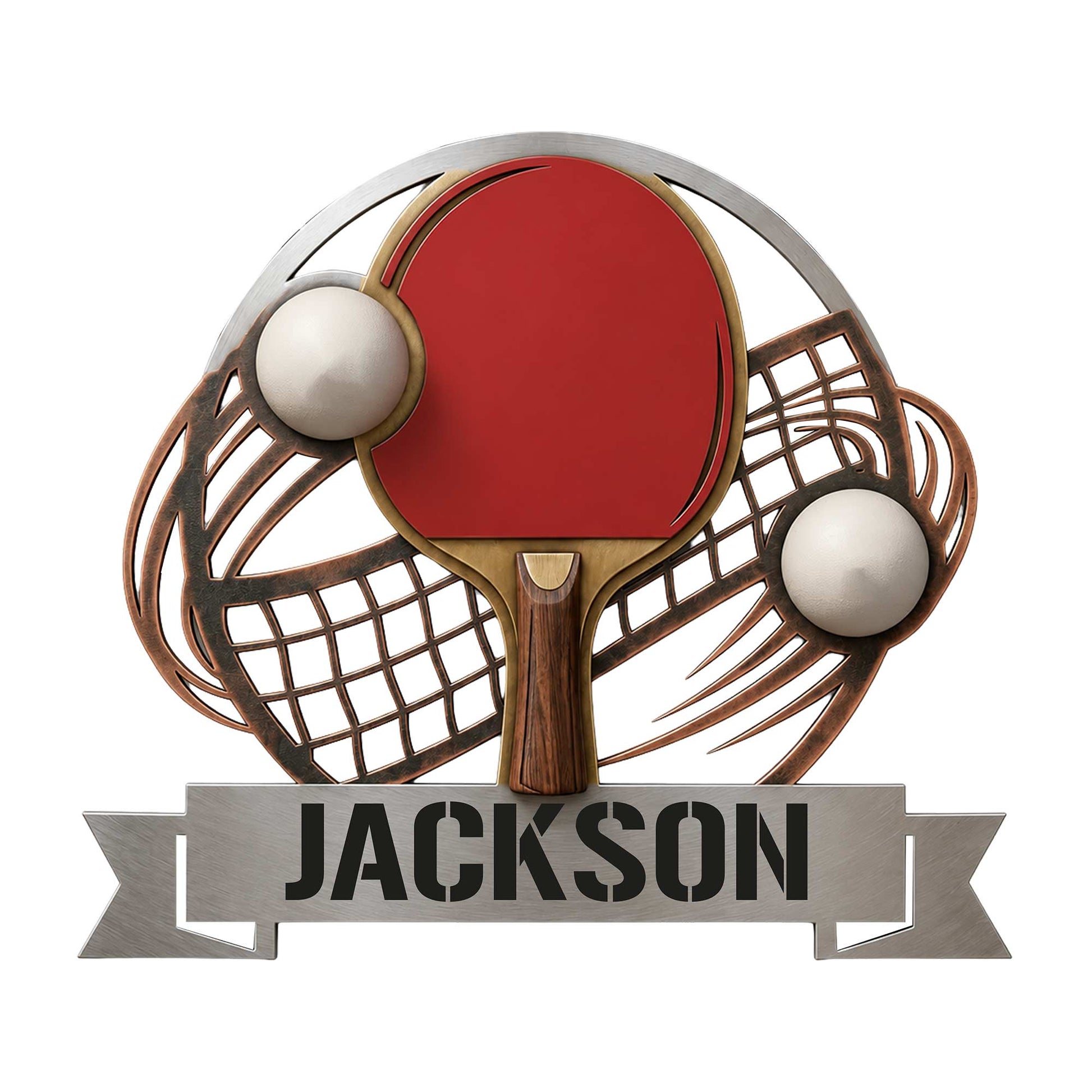 Custom table tennis metal sign featuring a red ping pong paddle, two balls, and crossed racket artwork