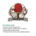 Table tennis metal sign feature graphic showing the paddle-and-ball design with cut metal construction details