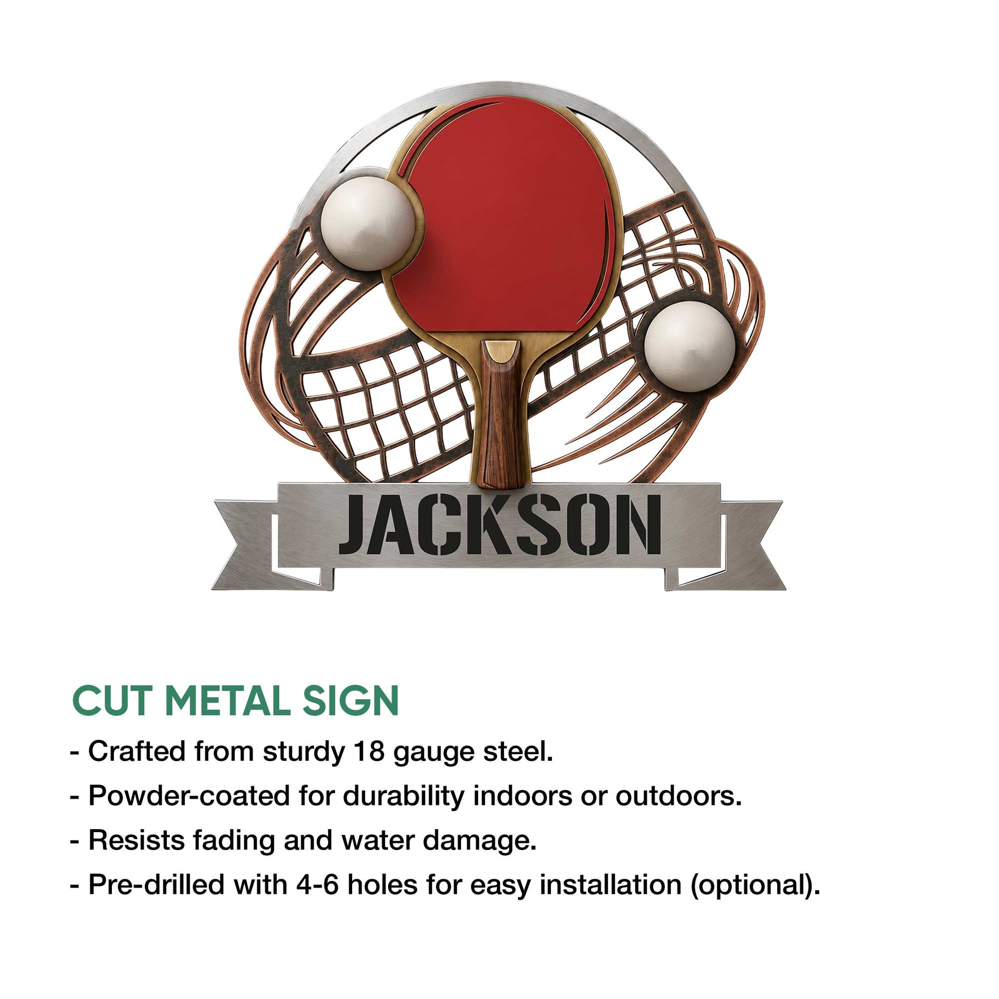 Table tennis metal sign feature graphic showing the paddle-and-ball design with cut metal construction details