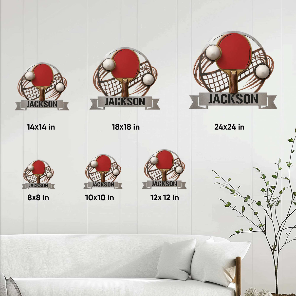 Table tennis wall sign size guide showing available 8, 10, 12, 14, 18, and 24 inch options