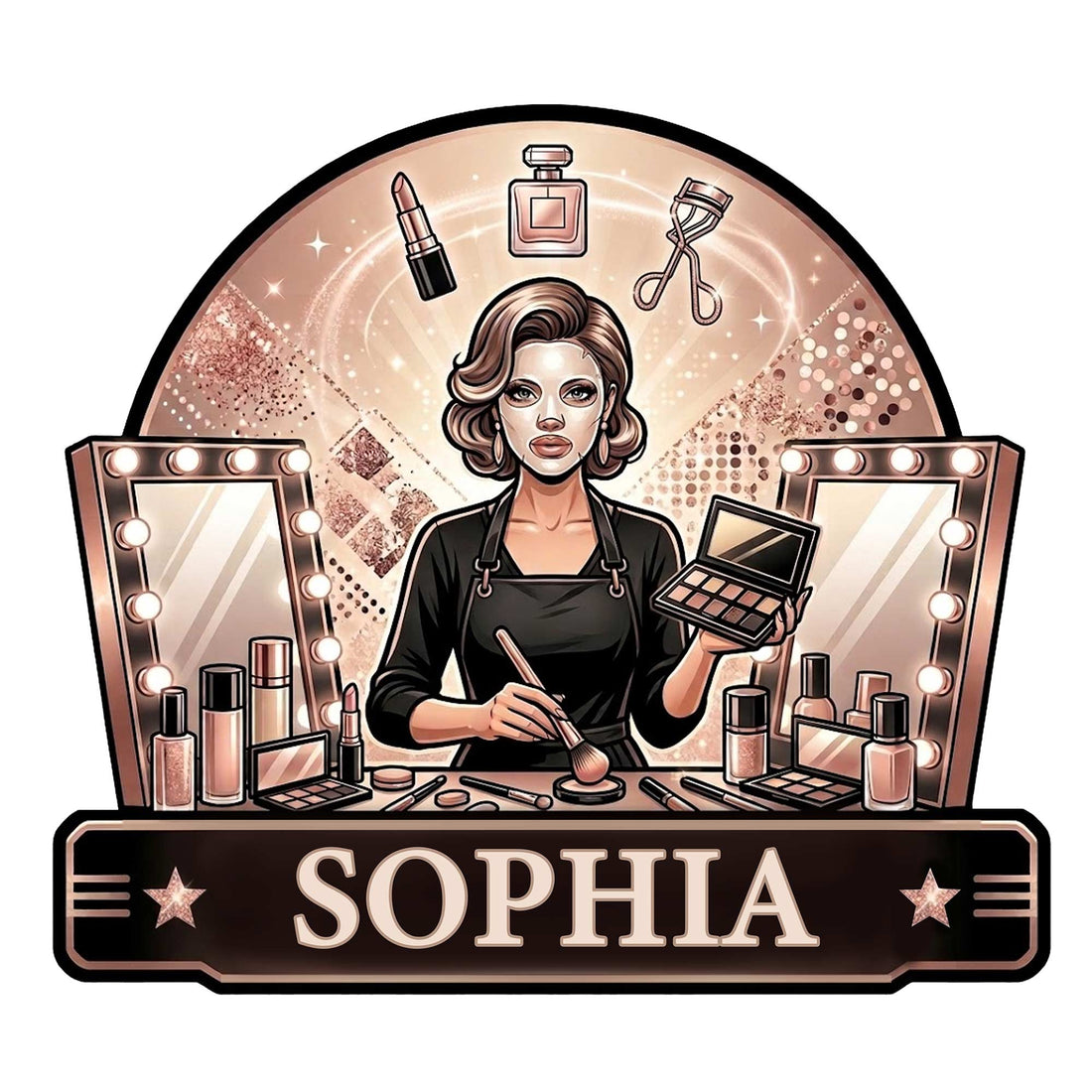 Makeup artist metal sign featuring a beauty professional, vanity mirrors, cosmetics, brushes, lipstick, and perfume