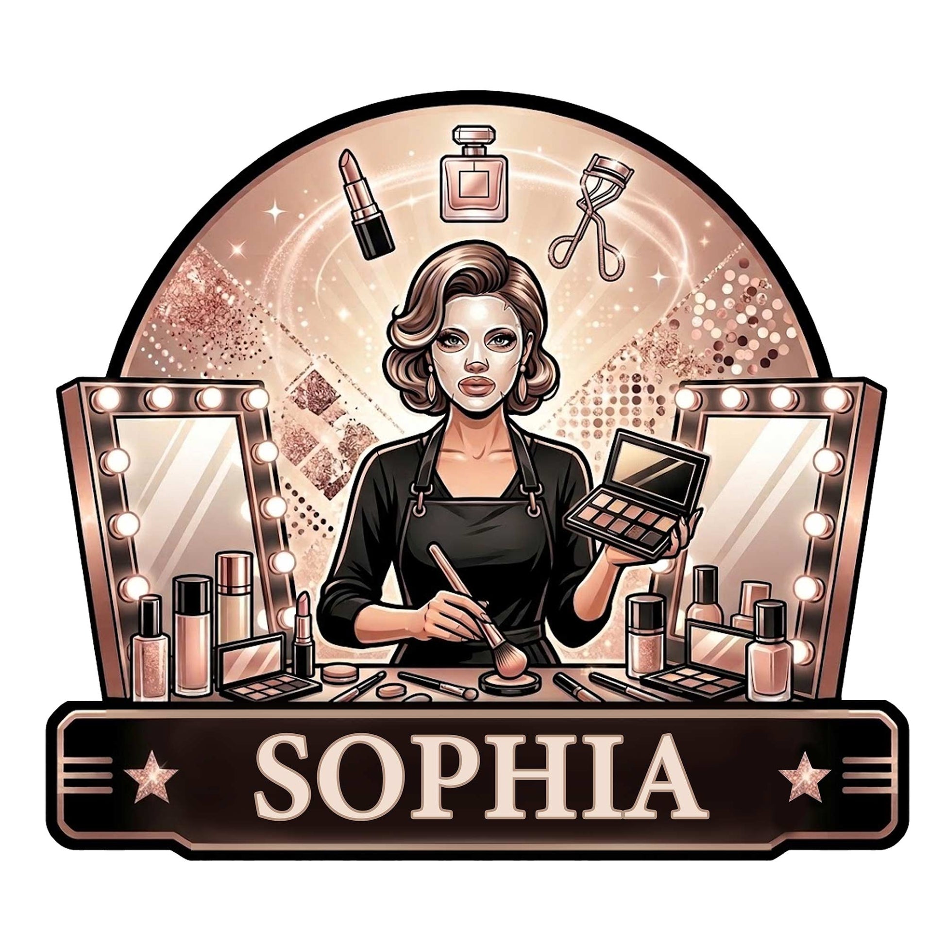 Makeup artist metal sign featuring a beauty professional, vanity mirrors, cosmetics, brushes, lipstick, and perfume