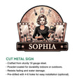 Cut metal makeup artist sign showcasing a beauty professional surrounded by cosmetics and illuminated vanity mirrors