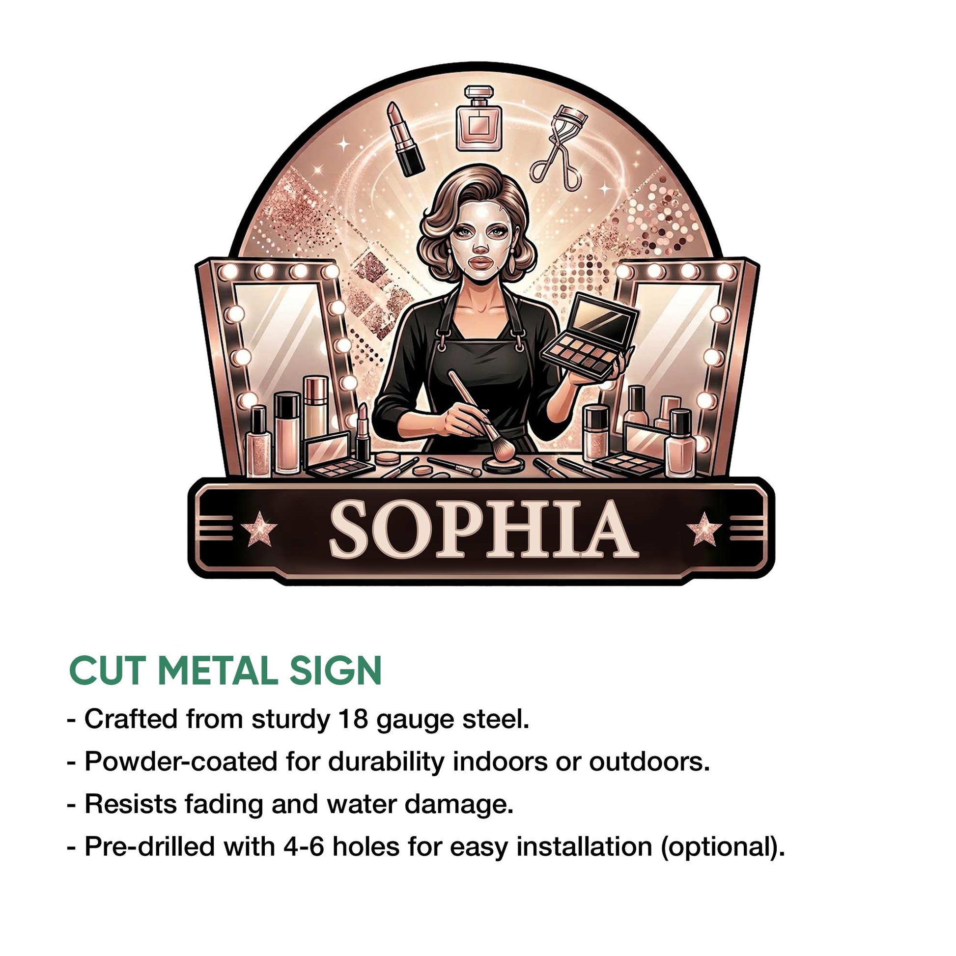 Cut metal makeup artist sign showcasing a beauty professional surrounded by cosmetics and illuminated vanity mirrors