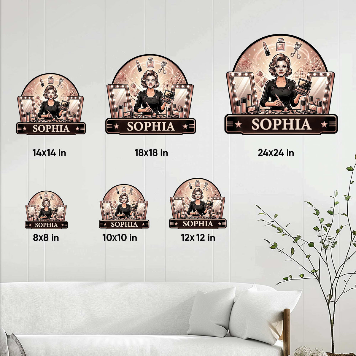 Makeup artist metal sign size guide showing six available square size options from 8 by 8 to 24 by 24 inches
