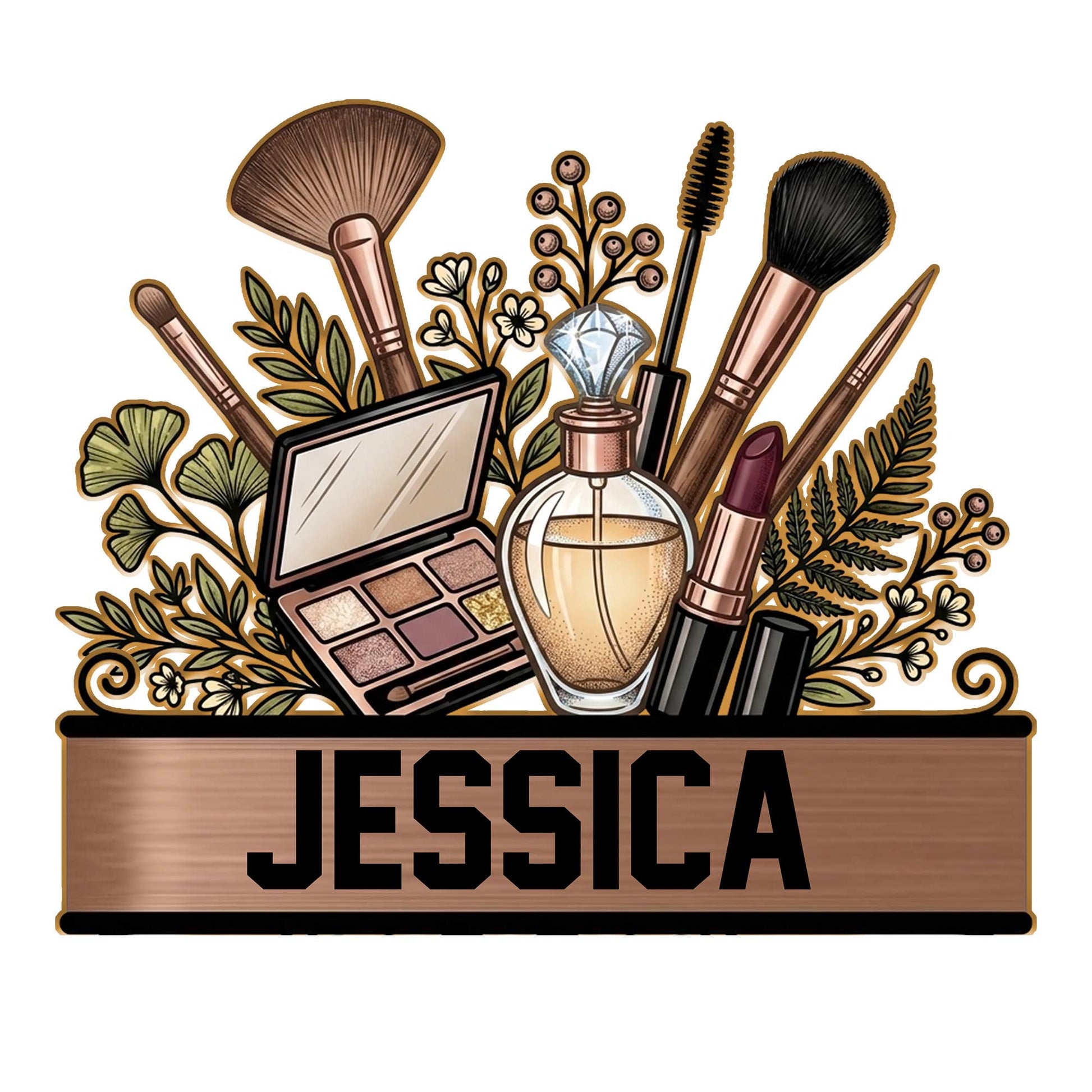 Makeup artist metal sign featuring brushes, an eyeshadow palette, perfume bottle, lipstick, and botanical accents