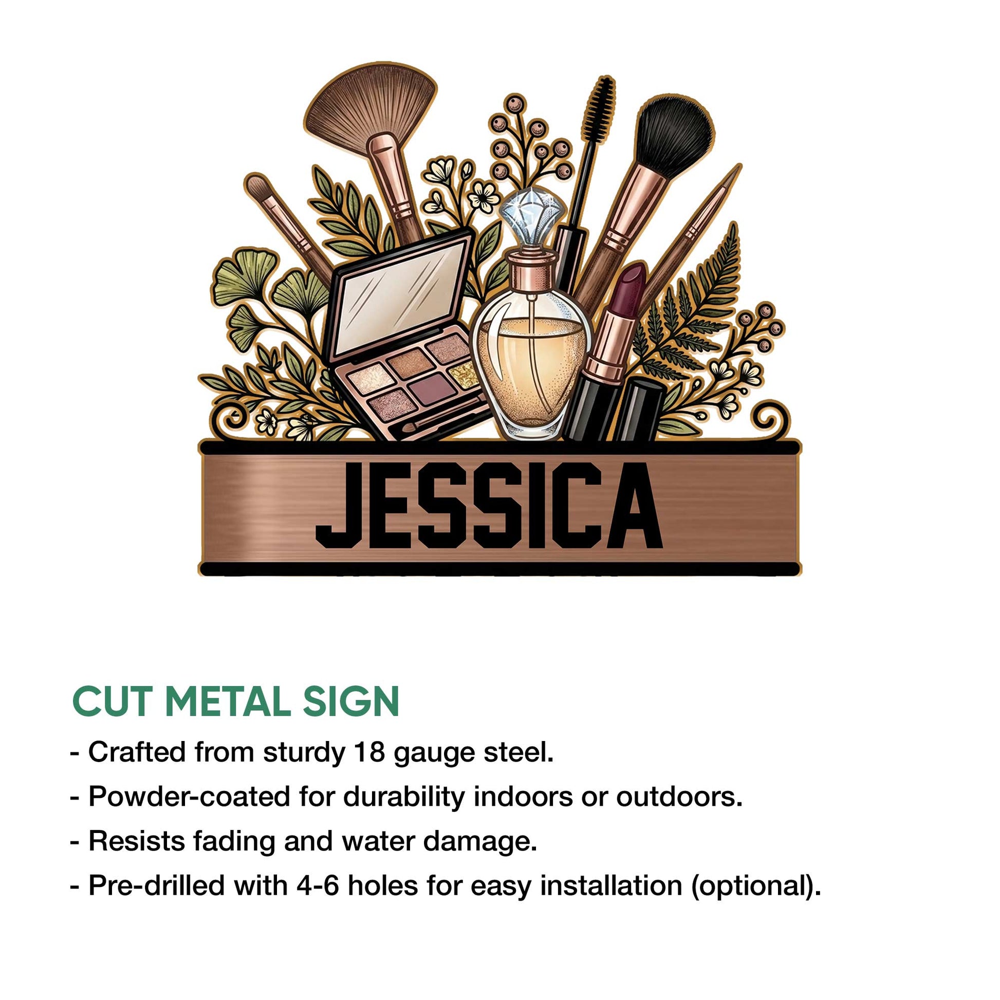 Makeup artist metal sign shown with beauty tools, floral details, and a bold sign base in a product feature graphic