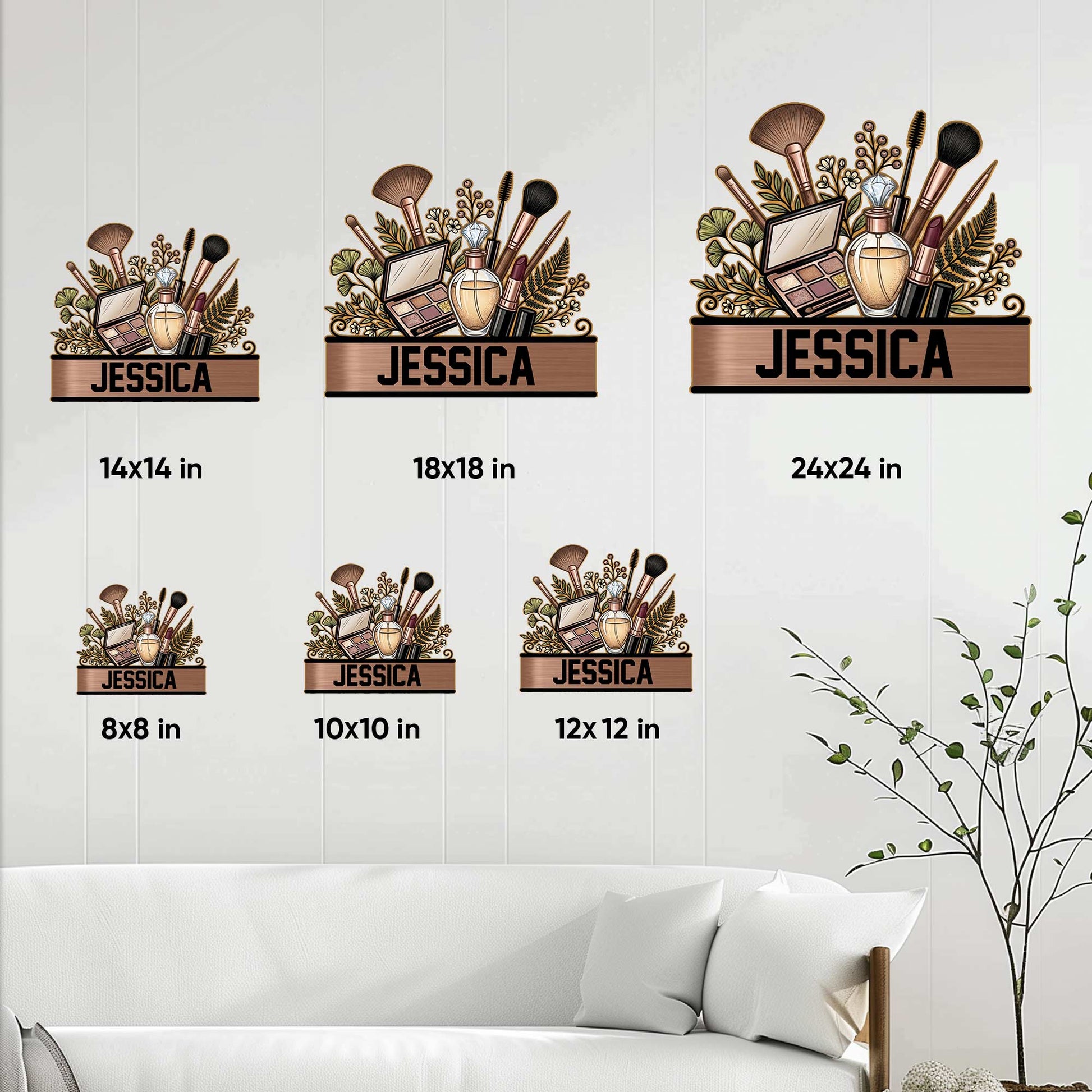 Makeup artist sign size guide showing available 8x8, 10x10, 12x12, 14x14, 18x18, and 24x24 inch options