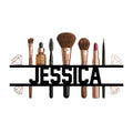 Makeup artist metal sign featuring cosmetic brushes, lipstick, beauty tools, and diamond accents