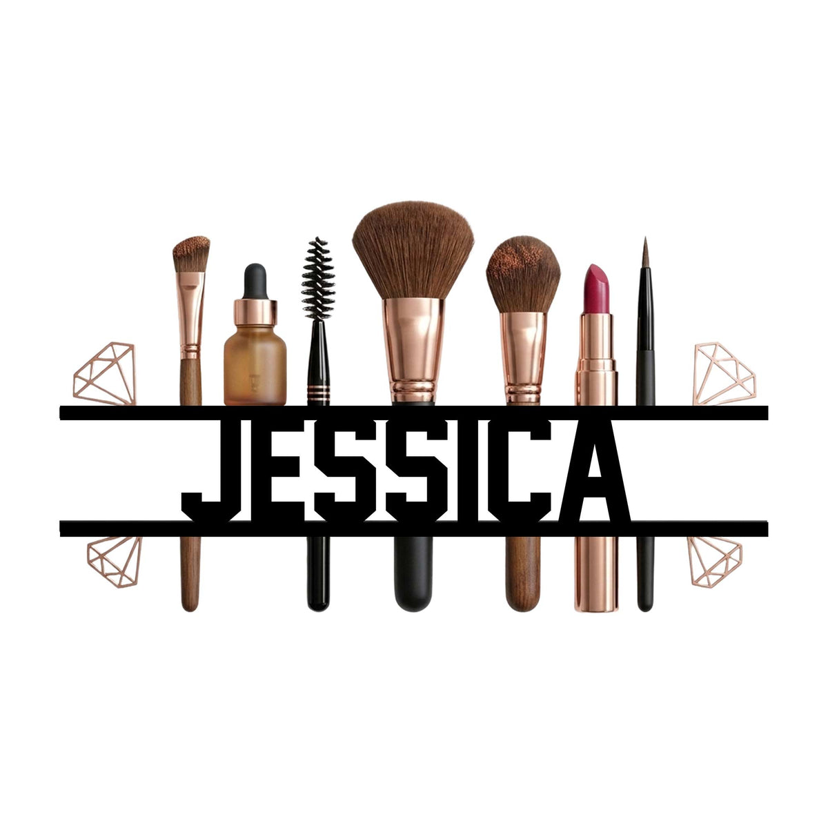 Makeup artist metal sign featuring cosmetic brushes, lipstick, beauty tools, and diamond accents