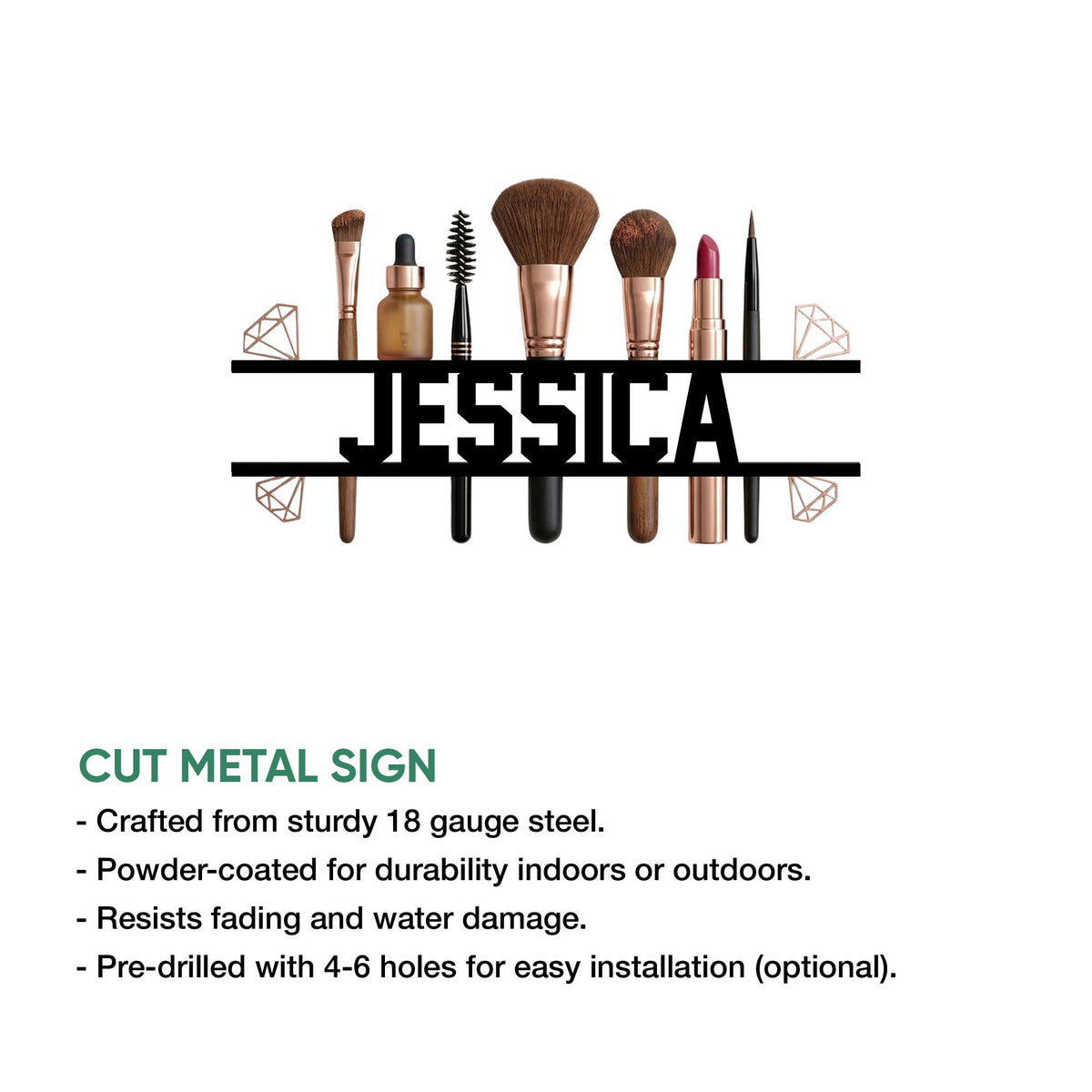 Cut metal makeup artist sign displayed with brushes, lipstick, beauty tools, and finish details