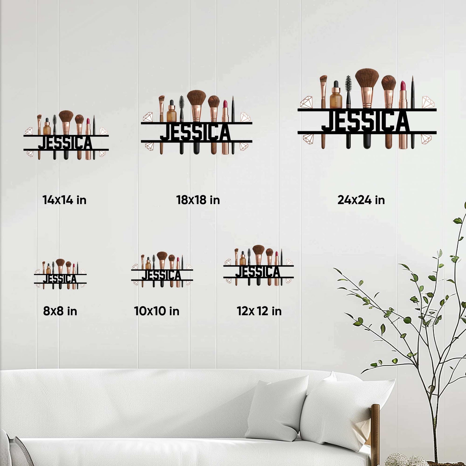 Makeup artist metal sign size guide showing available square dimensions from 8 to 24 inches
