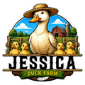 Colorful duck farm metal sign featuring a mother duck and ducklings beside a red barn and countryside fence