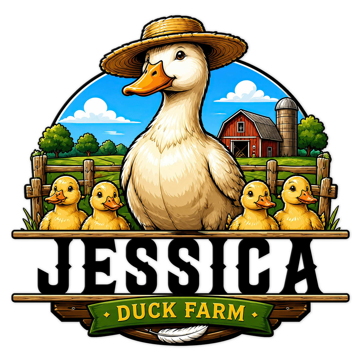 Colorful duck farm metal sign featuring a mother duck and ducklings beside a red barn and countryside fence