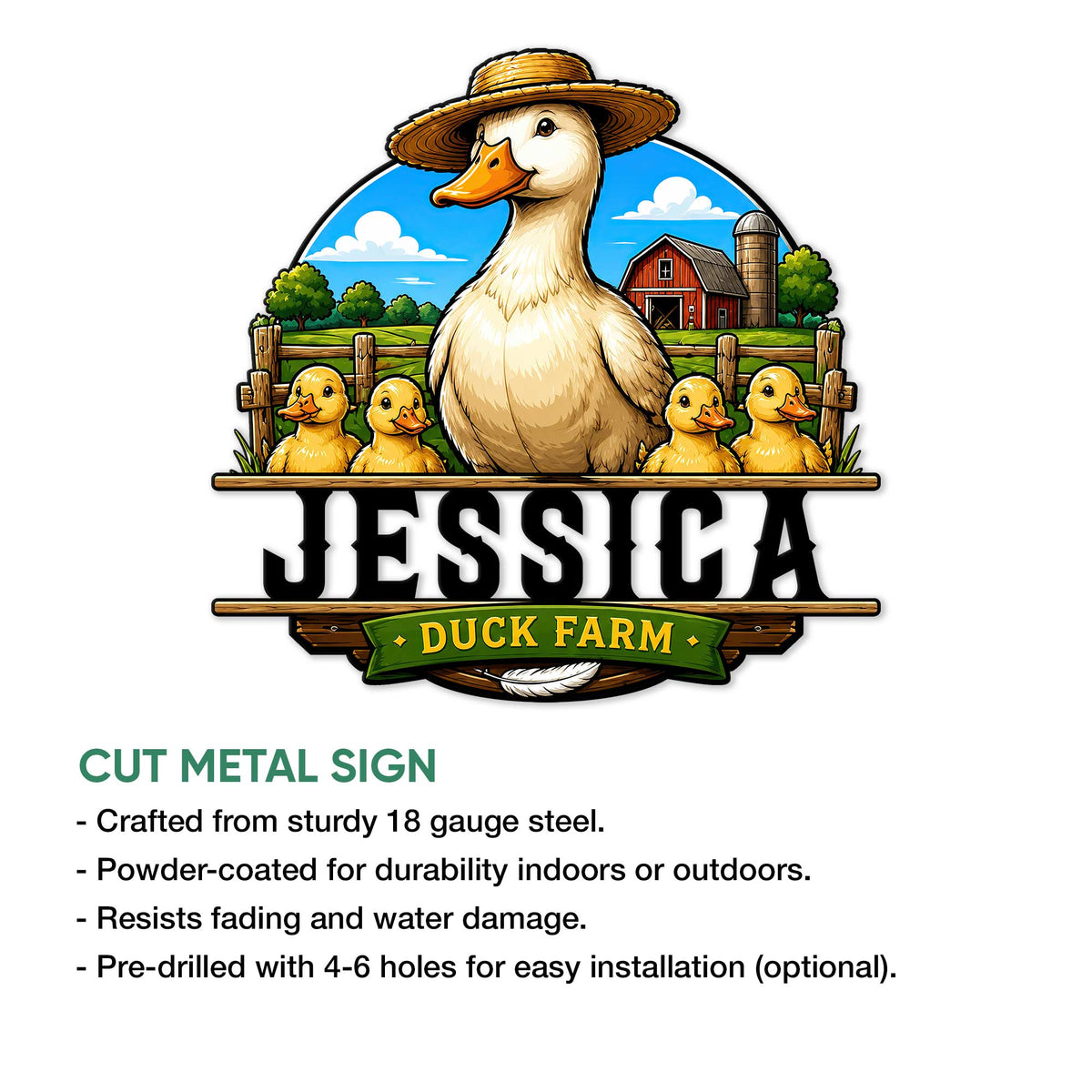 Duck farm cut metal sign shown with size options and indoor or outdoor display features
