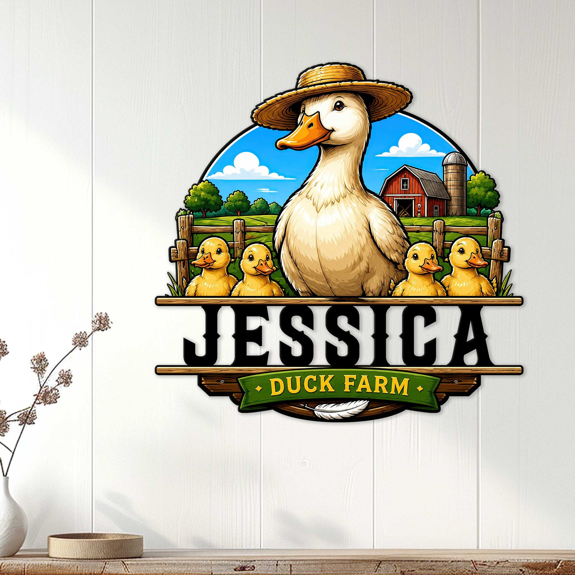 Duck family metal wall sign displayed on a white paneled wall above a console table