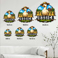 Duck farm metal sign size guide showing six available square dimensions in a home setting
