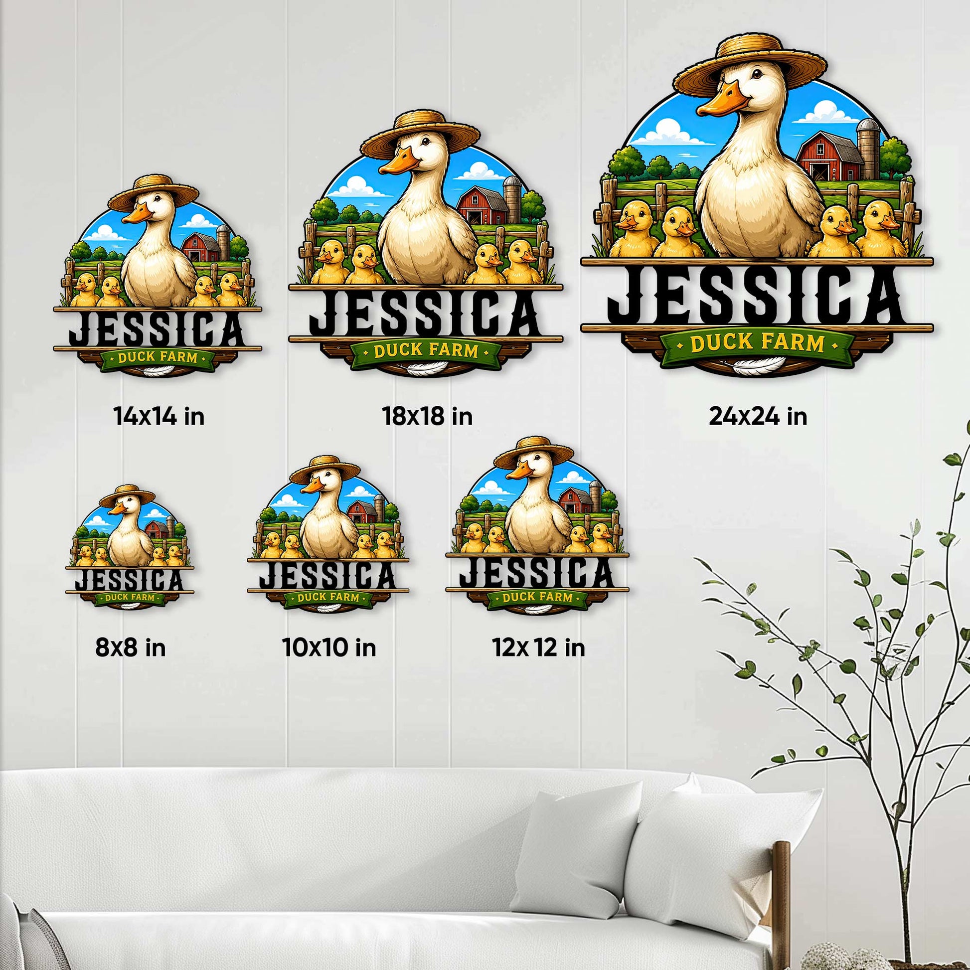 Duck farm metal sign size guide showing six available square dimensions in a home setting