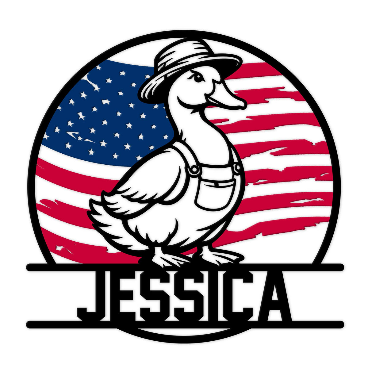Patriotic duck metal sign featuring a duck in overalls and a straw hat against an American flag