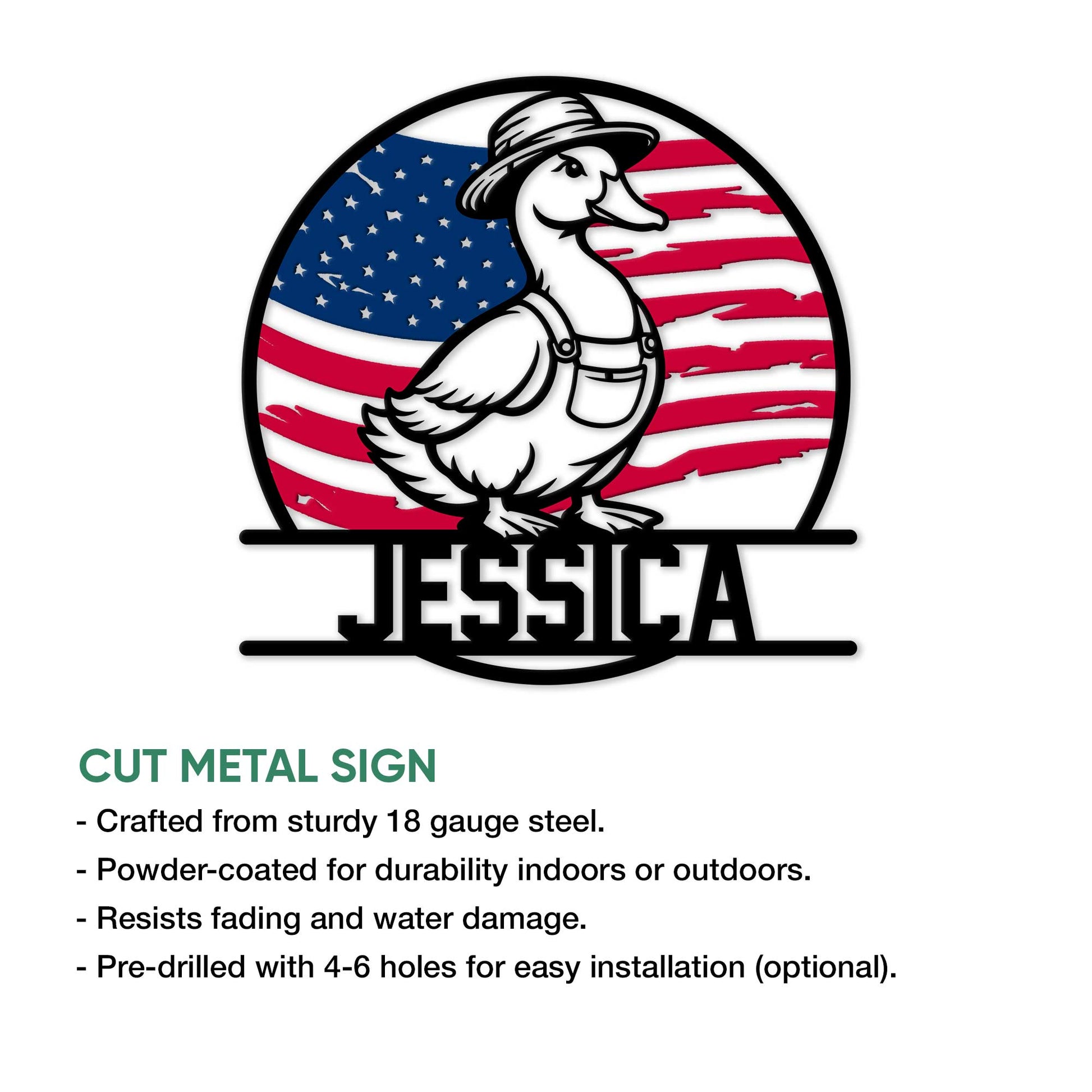 Duck metal sign product feature graphic showing the patriotic duck artwork and sign presentation