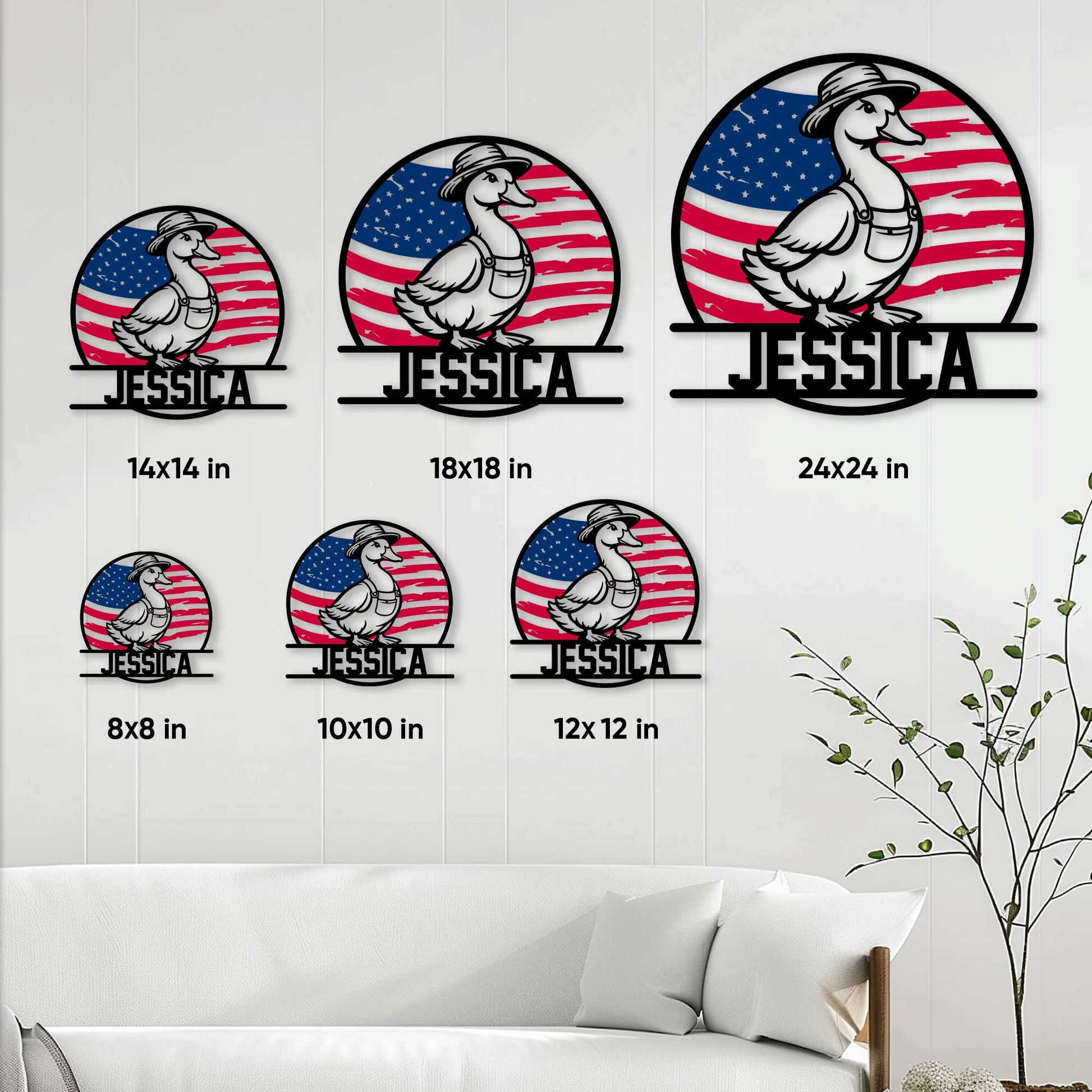 Patriotic duck metal sign shown in multiple size options as living room wall decor