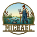 Duck hunting metal sign featuring a waterfowl hunter standing in a cattail-lined pond with ducks