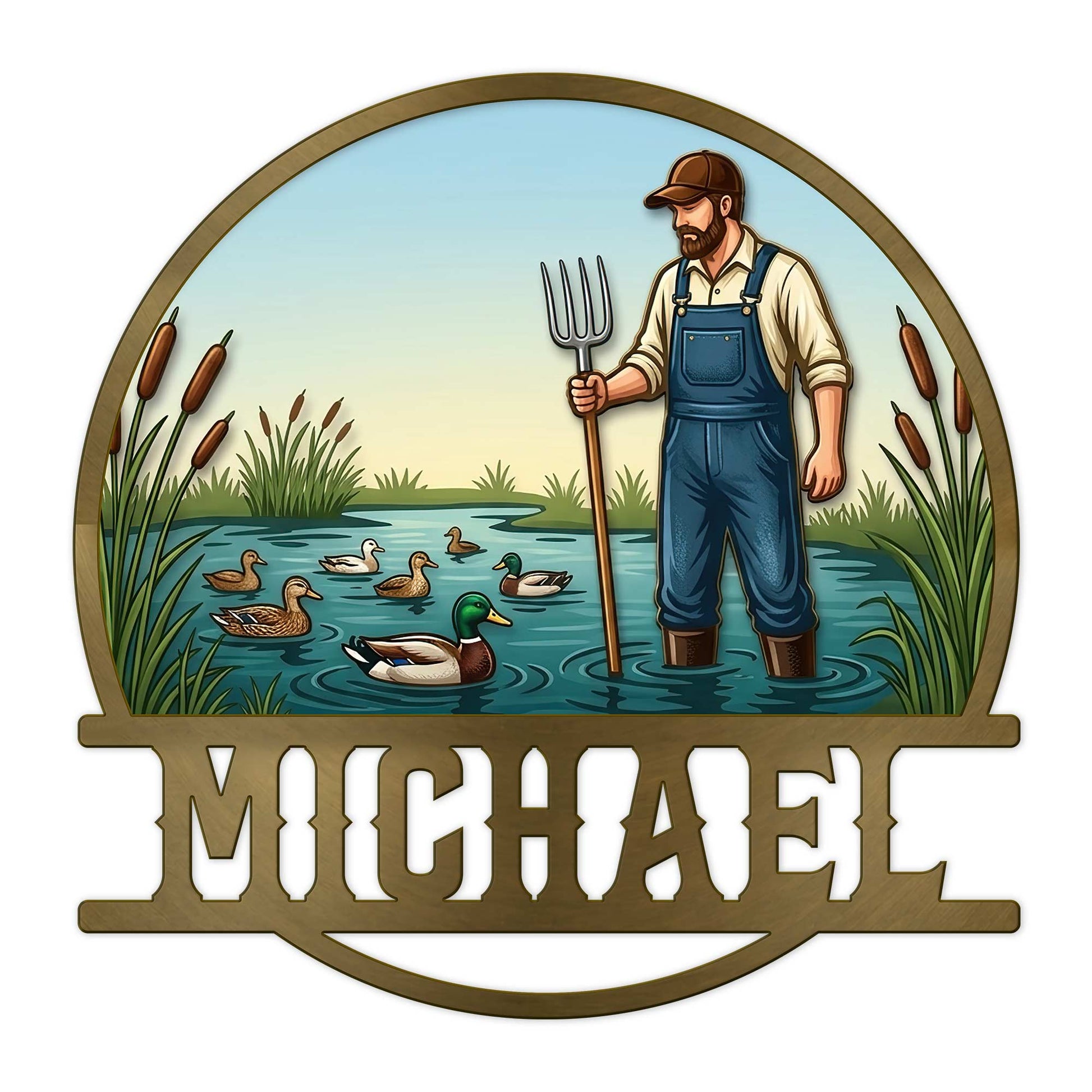 Duck hunting metal sign featuring a waterfowl hunter standing in a cattail-lined pond with ducks
