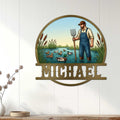 Duck hunting metal sign displayed on a white paneled wall, featuring a waterfowl hunter and pond scene