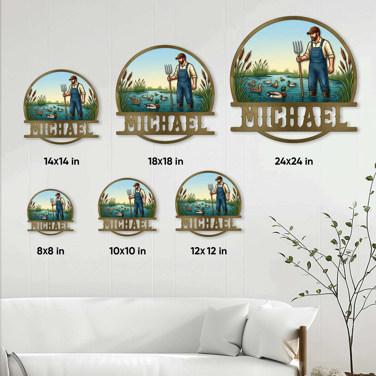 Duck hunting metal sign size guide showing display options from 8 by 8 inches to 24 by 24 inches