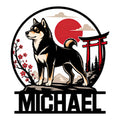 Shiba Inu metal sign featuring a Japanese torii gate, red sun, cherry blossoms, and mountain scenery