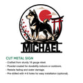 Shiba Inu cut metal sign shown with Japanese-inspired artwork and product feature information