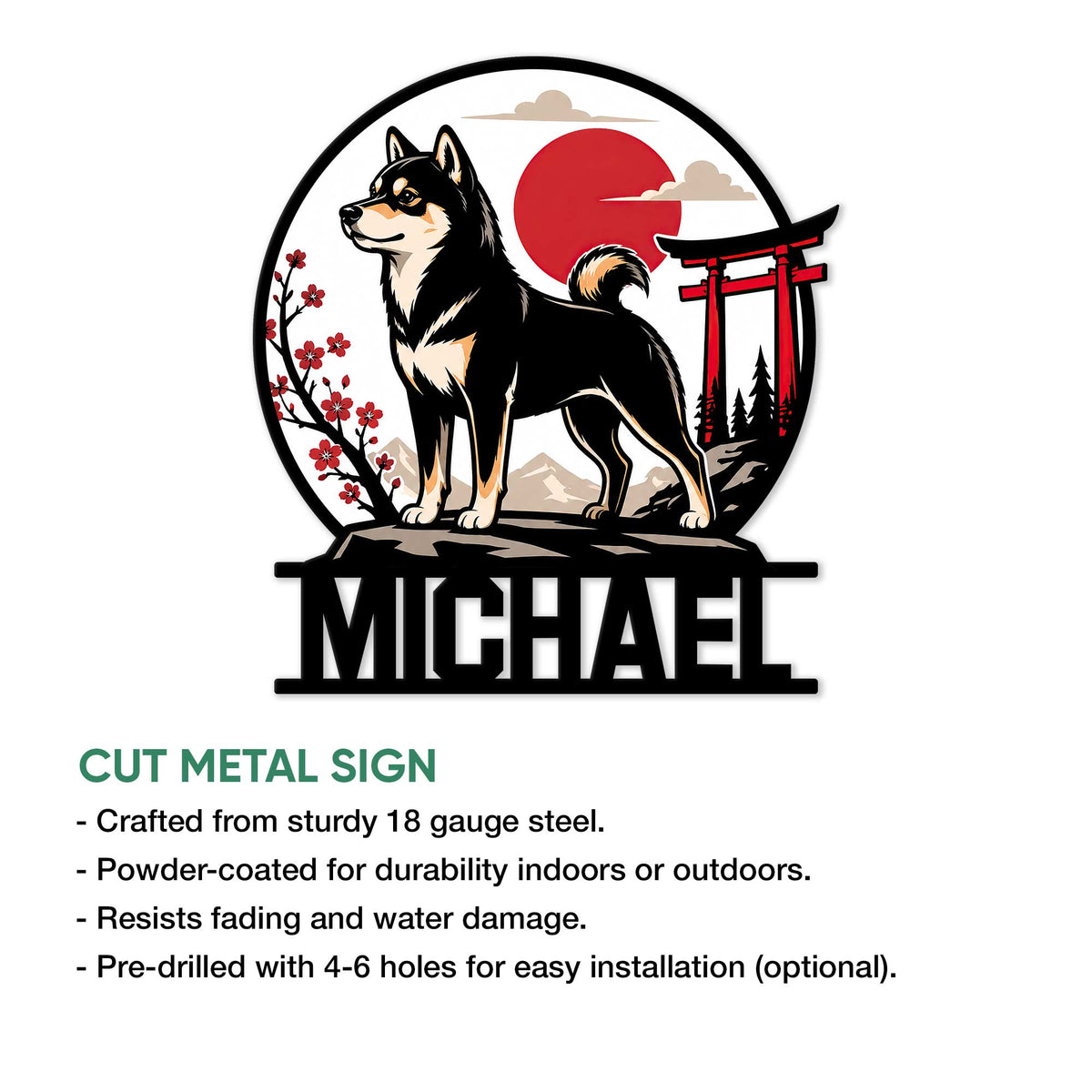 Shiba Inu cut metal sign shown with Japanese-inspired artwork and product feature information