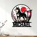 Shiba Inu wall sign displayed on a white paneled wall with a red sun and torii gate design